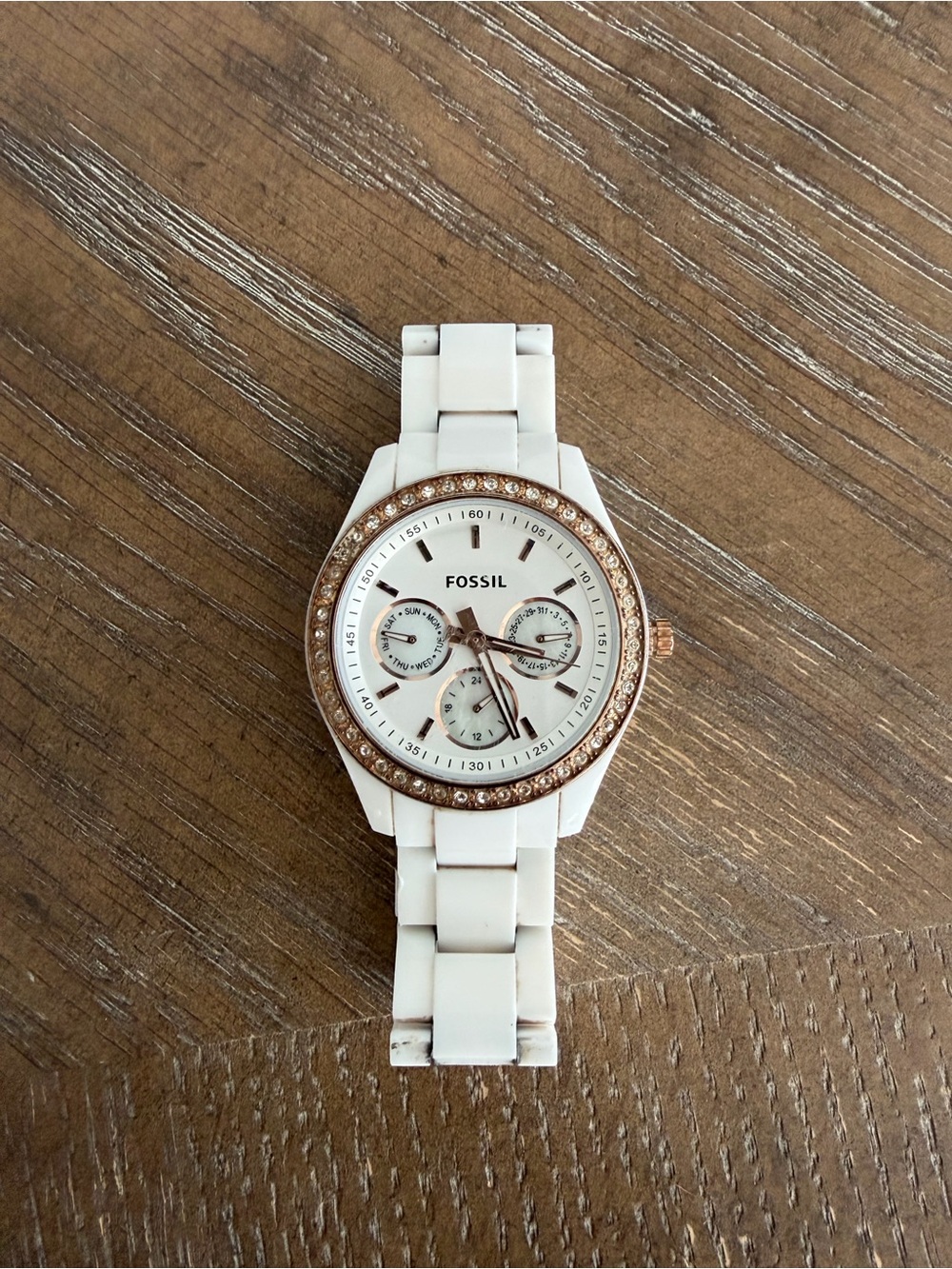 Fossil White and Rose Gold Crystal Accent Ceramic Watch